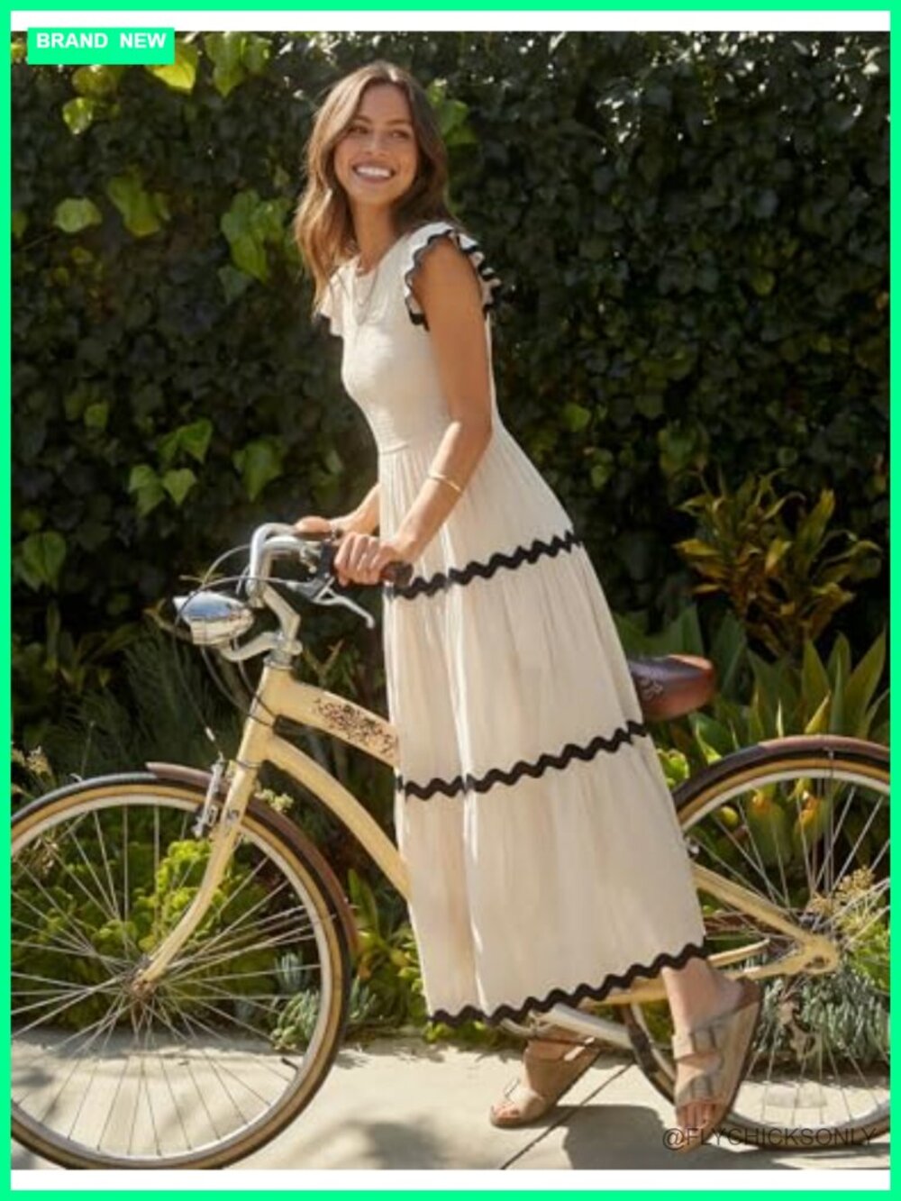 Flutter Short Sleeve Smocked High Waist Midi Dress Tiered Boho Casual - Picture 2 of 7